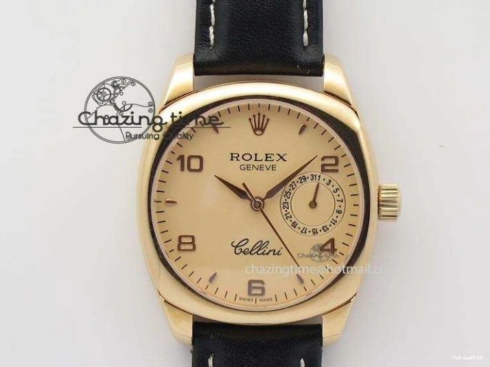 A2824 Cellini Markers Numeral Leather Date RG Rose Black Dial On Gold Strap 0721